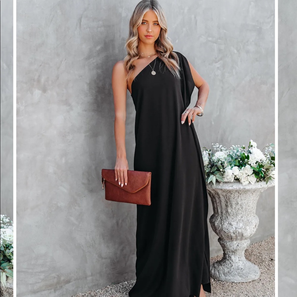 one shoulder drape long dress